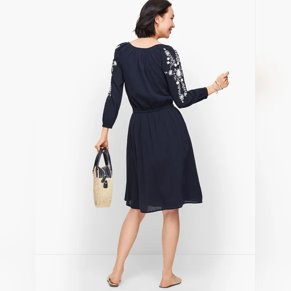 Talbots Dark Blue Dress with White Floral Embroidery Size Sp Made INDIA - Picture 3 of 14